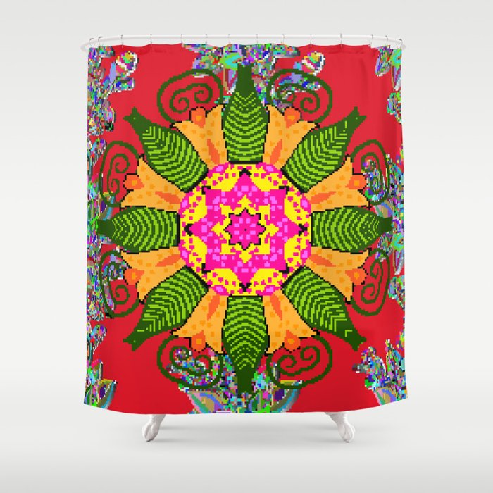 Colored round floral mandala on a red, green and yellow colors. Vintage illustration.  Shower Curtain