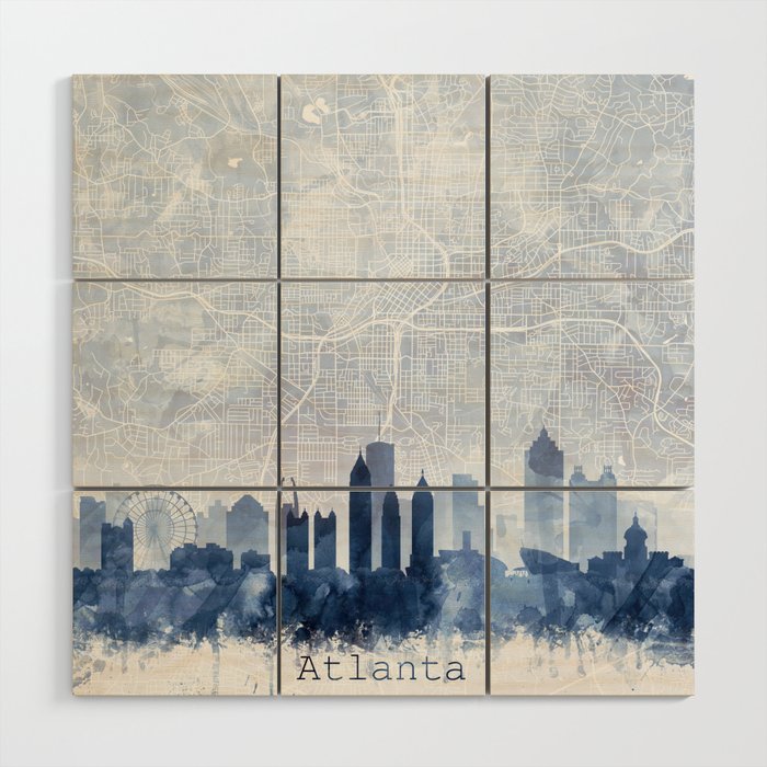 Atlanta Skyline & Map Watercolor Navy Blue, Print by Zouzounio Art Wood Wall Art