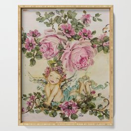 Sweet Cherub and Pink Roses Painting Serving Tray