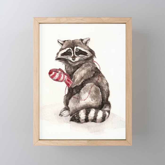 Pensive Raccoon in Red Mittens. Winter Season. Framed Mini Art Print