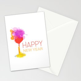 Happy New year celebration with champagne glass watercolor paint drops Stationery Card