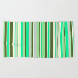 [ Thumbnail: Vibrant Green, Light Grey, Light Green, Dark Olive Green, and Beige Colored Stripes/Lines Pattern Beach Towel ]