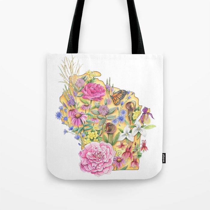 Wisconsin - Floral Watercolor - State of Wisconsin- Wisconsin Art - Wisconsin Flowers - Wisconsin Tote Bag