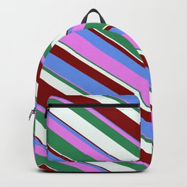 [ Thumbnail: Vibrant Cornflower Blue, Violet, Sea Green, Mint Cream & Maroon Colored Lined Pattern Backpack ]