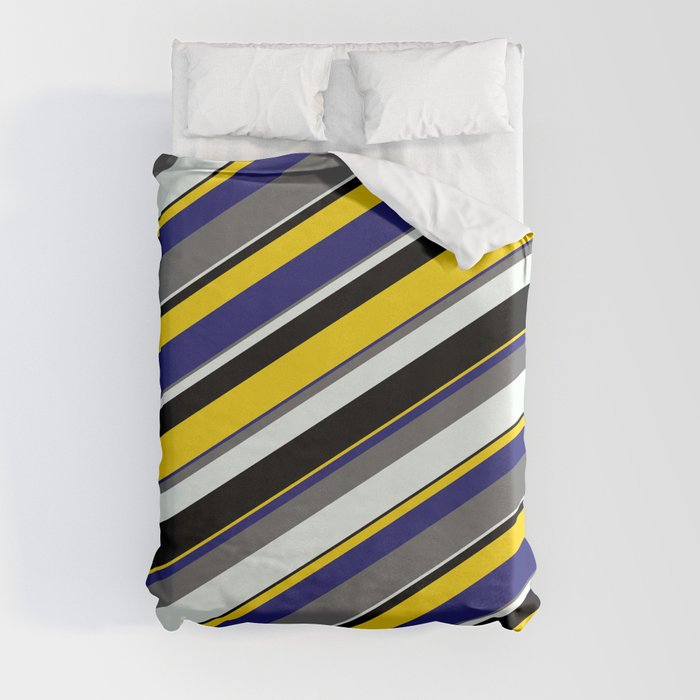 Eyecatching Dim Grey, Mint Cream, Black, Yellow, and Midnight Blue Colored Stripes Pattern Duvet Cover