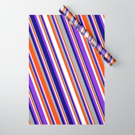[ Thumbnail: Eyecatching Blue, Dark Grey, Red, White, and Purple Colored Stripes/Lines Pattern Wrapping Paper ]