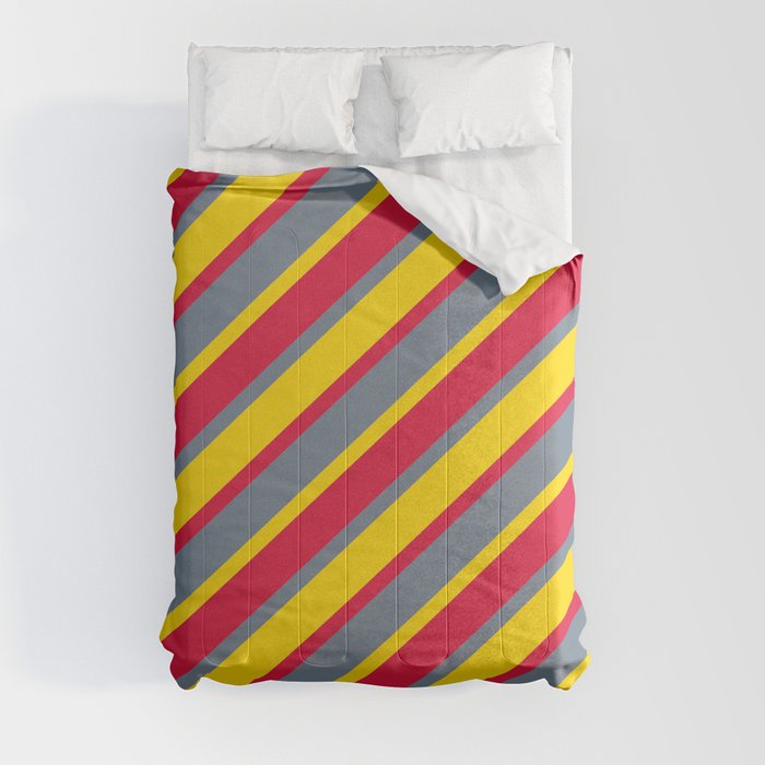 Yellow, Crimson, and Slate Gray Colored Striped Pattern Comforter