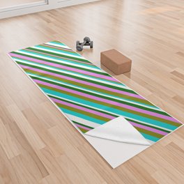 [ Thumbnail: Colorful Violet, Green, Dark Turquoise, White & Dark Green Colored Lines/Stripes Pattern Yoga Towel ]