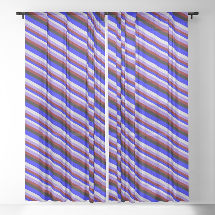 Colorful Blue, Light Gray, Purple, Maroon, and Black Colored Stripes/Lines Pattern Sheer Curtain