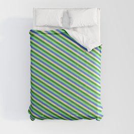 [ Thumbnail: Light Green, Royal Blue, Pale Goldenrod & Forest Green Colored Lined Pattern Comforter ]