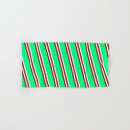 [ Thumbnail: Lavender, Red & Green Colored Striped Pattern Hand & Bath Towel ]