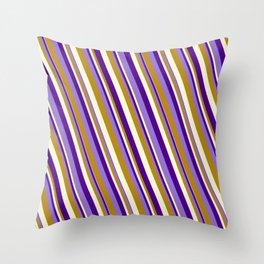 [ Thumbnail: Indigo, Purple, Dark Goldenrod & Light Yellow Colored Lined Pattern Throw Pillow ]