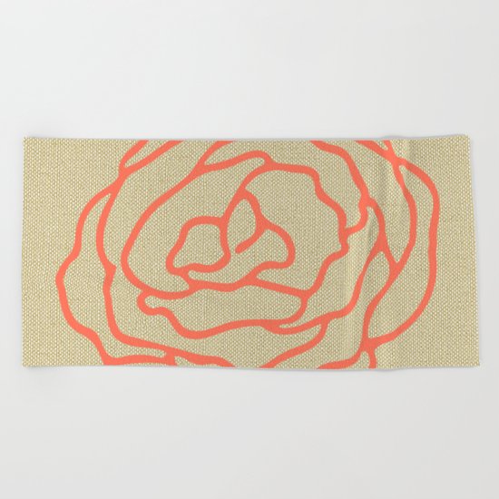Rose in Deep Coral on Linen Beach Towel