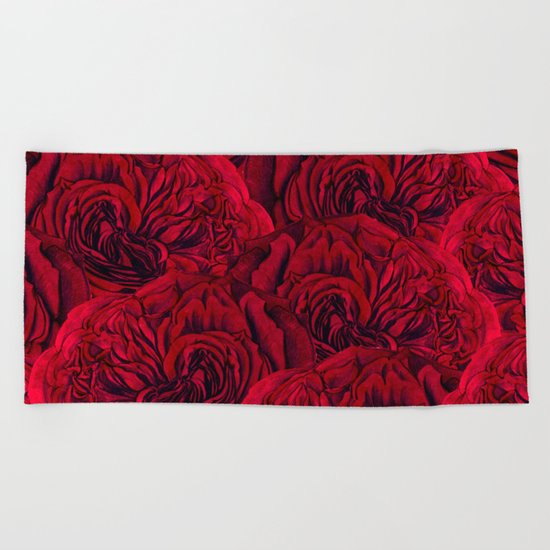 Rouge Garden - Red Roses and Peonies Pattern Beach Towel