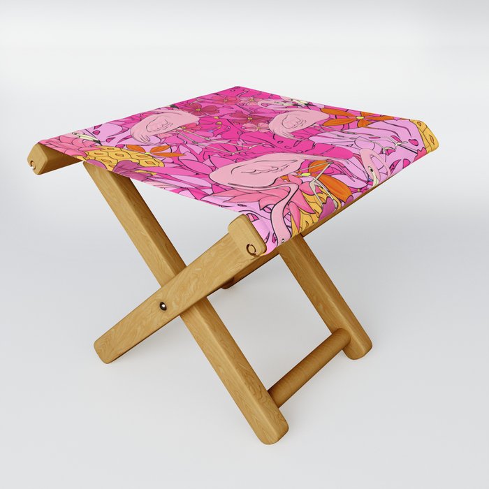 Flamingos on a background of tropical leaves and flowers. Seamless pattern. Flamingo cartoon element Folding Stool