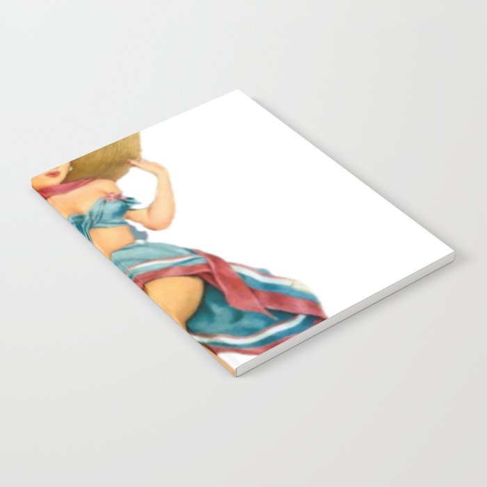 Sexy Brunette Pin Up With Straw Hat Red And Blue Vintage Dress Notebook