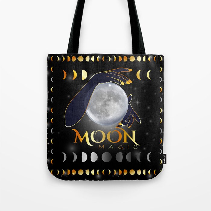 Moon phases mystical womans hands on full moon Tote Bag