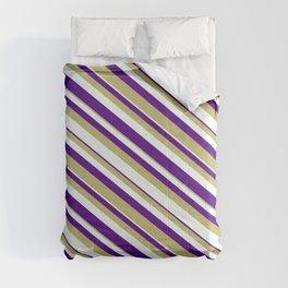 [ Thumbnail: Dark Khaki, Mint Cream, and Indigo Colored Striped/Lined Pattern Comforter ]