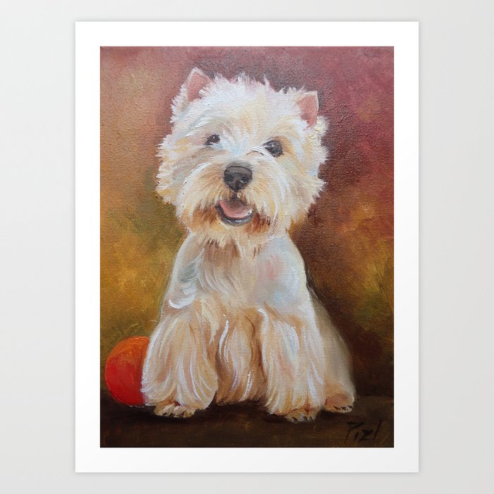 White Terrier Westie Dog Portrait Oil Painting On Canvas Decor For