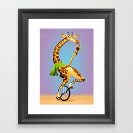 Funny giraffe on an unicycle Framed Art Print