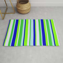 [ Thumbnail: Colorful Powder Blue, Blue, Chartreuse, Lavender & Lime Green Colored Lines Pattern Rug ]