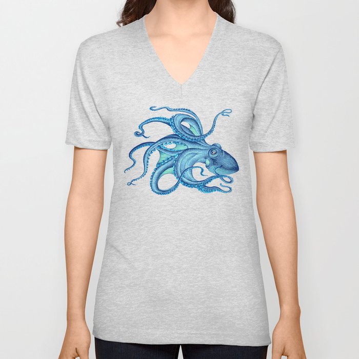 Blue Octopus on White Dance Ink Marine Nautical V Neck T Shirt