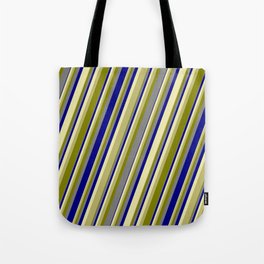 [ Thumbnail: Colorful Pale Goldenrod, Dark Khaki, Green, Grey & Blue Colored Lines/Stripes Pattern Tote Bag ]