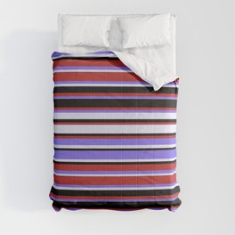 [ Thumbnail: Red, Medium Slate Blue, Lavender, and Black Colored Stripes/Lines Pattern Comforter ]