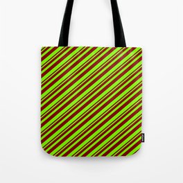 [ Thumbnail: Maroon and Green Colored Striped/Lined Pattern Tote Bag ]