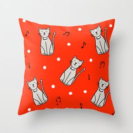 Cute singing cats with notes on red background Throw Pillow
