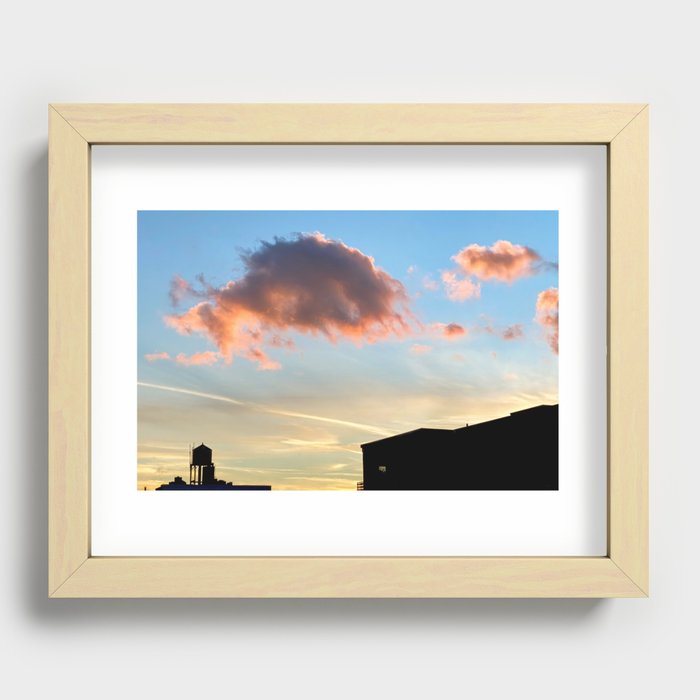 Pink clouds sunset over water tower in NY Recessed Framed Print
