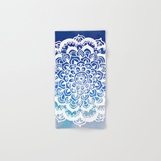 White Floral Medallion on Indigo & Turquoise Watercolor Hand & Bath Towel