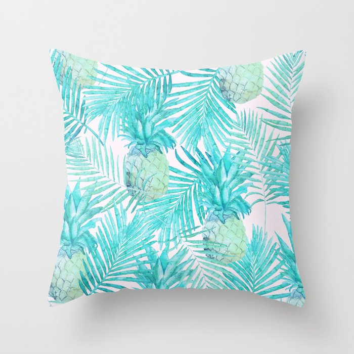 Turquoise Palm Leaves and Pineapples on Pink Throw Pillow