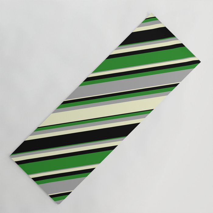 Forest Green, Dark Grey, Light Yellow, and Black Colored Pattern of Stripes Yoga Mat