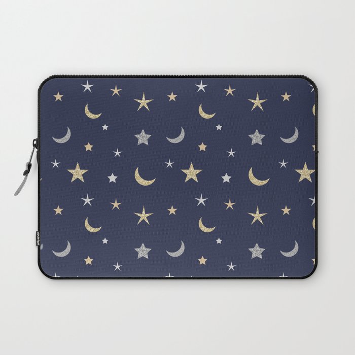 Gold and silver moon and star pattern on navy blue background Laptop Sleeve