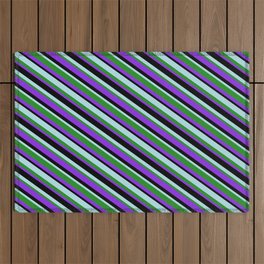 [ Thumbnail: Powder Blue, Forest Green, Purple & Black Colored Stripes/Lines Pattern Outdoor Rug ]