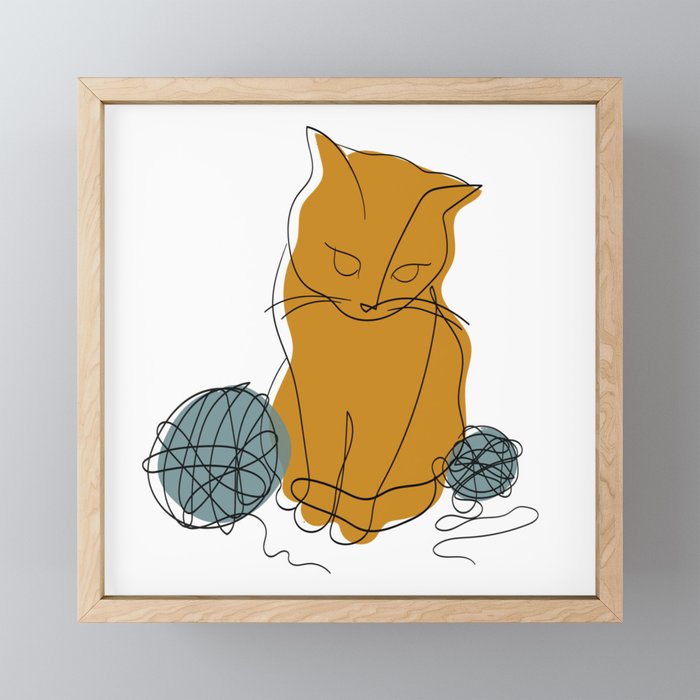 Cat with yarn line art Framed Mini Art Print