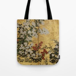 White Red Chrysanthemums Floral Japanese Gold Screen Tote Bag