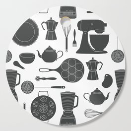Kitchen Tools (black on white) Cutting Board | Digital, Vector, Teatowel, Tools, Whisk, Cooking, Coffee, Teapot, Potsandpans, Bialetti 