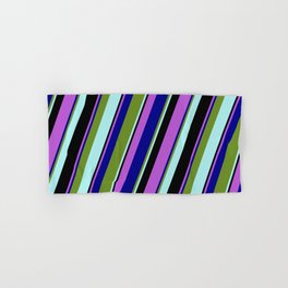 [ Thumbnail: Eyecatching Orchid, Dark Blue, Green, Turquoise, and Black Colored Stripes/Lines Pattern Hand & Bath Towel ]
