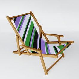 [ Thumbnail: Purple, Lavender, Forest Green & Black Colored Stripes Pattern Sling Chair ]