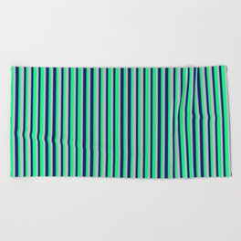 [ Thumbnail: Midnight Blue, Green, and Grey Colored Stripes/Lines Pattern Beach Towel ]