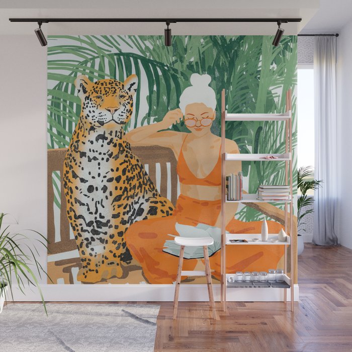 Jungle Vacay | Modern Bohemian Blonde Woman Tropical Travel | Leopard Wildlife Forest Reader Wall Mural