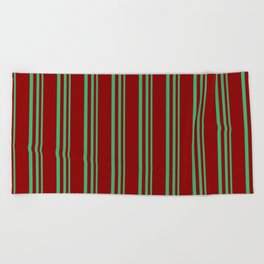 [ Thumbnail: Sea Green & Dark Red Colored Stripes/Lines Pattern Beach Towel ]