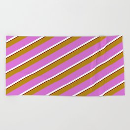 [ Thumbnail: Dark Goldenrod, Orchid, Mint Cream & Maroon Colored Lines Pattern Beach Towel ]