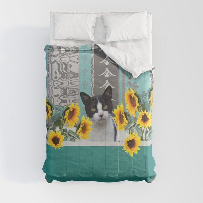 Bathtub with black and white cat - sunflower Comforter