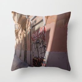 Spain Photography - Street Graffiti In A Narrow Dark Street Throw Pillow