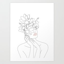 Minimal Line Art Woman with Magnolia Art Print