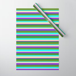 [ Thumbnail: Vibrant Tan, Purple, Forest Green, Green & Aqua Colored Striped/Lined Pattern Wrapping Paper ]