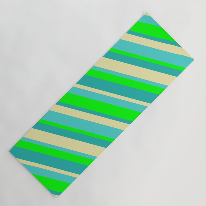 Lime, Light Sea Green, Pale Goldenrod & Turquoise Colored Stripes/Lines Pattern Yoga Mat